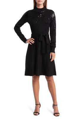 Vince Camuto Sequin Belted Long Sleeve Sweater Dress in Black