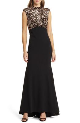 Vince Camuto Sequin Cap Sleeve Trumpet Gown in Black/Copper