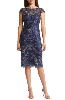 Vince Camuto Sequin Embroidered Cap Sleeve Sheath Cocktail Dress in Navy