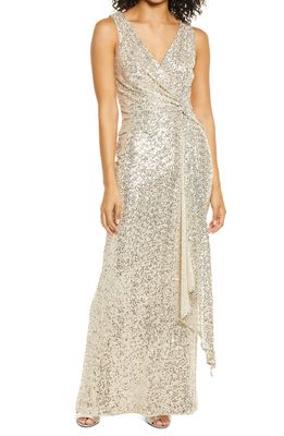 Vince Camuto Sequin Knot Front Sleeveless Gown in Champagne
