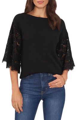 Vince Camuto Sequin Lace Sleeve Mixed Media Sweater in Rich Black