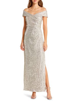 Vince Camuto Sequin Off the Shoulder Gown in Silver