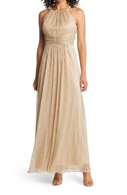 Vince Camuto Shirred Halter Gown in Gold