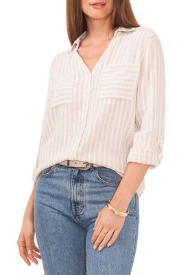 Vince Camuto Stripe Linen Blend Button-Up Blouse in Natural
