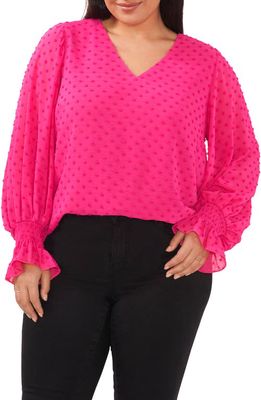 Vince Camuto V-Neck Long Sleeve Clip Dot Top in Pomegranate Pink