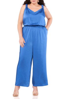 Vince Camuto V-Neck Textured Satin Jumpsuit in Sapphire Blue