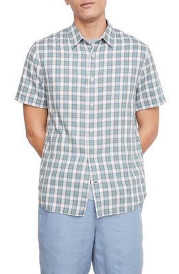 Vince Cannes Plaid Short Sleeve Button-Up Shirt in Teal Pool