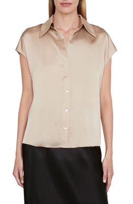 Vince Cap Sleeve Ruched Back Silk Blouse in Pale Nut