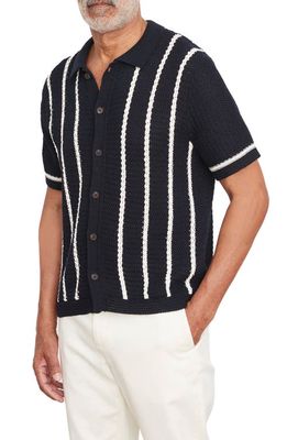Vince Crochet Stripe Short Sleeve Cotton Button-Up Polo Sweater in Coastal/Bone