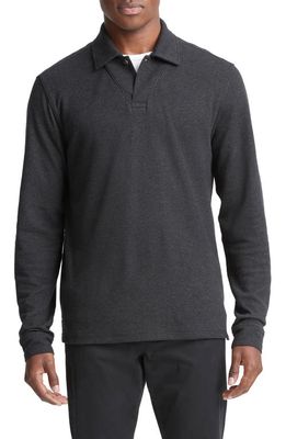 Vince Double Face Long Sleeve Polo in Heather Charcoal/Dune Grey