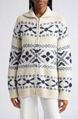 Vince Fair Isle Zip-Up Silk Cardigan in Light White Sand/Washed