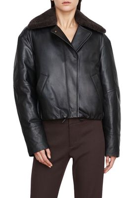 Vince Genuine Shearling Trim Leather Jacket in Black