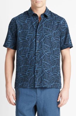 Vince Knotted Leaves Linen Blend Short Sleeve Button-Up Shirt in Coastal/Dark Washed