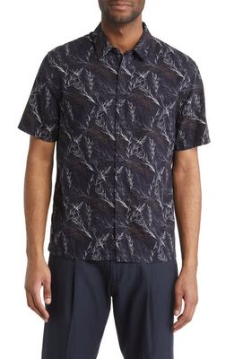 Vince Leaf Print Short Sleeve Linen Blend Button-Up Shirt in Coastal