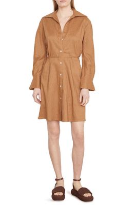 Vince Long Sleeve Stretch Linen Blend Shirtdress in Tobacco