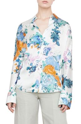 Vince Painted Bouquet Long Sleeve Silk Button-Up Shirt in Pale Dew