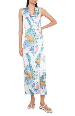 Vince Painted Bouquet Sleeveless Satin Wrap Dress in Pale Dew