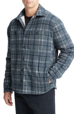 Vince Plaid Fleece Lined Shirt Jacket in Medium Heather Grey/Coastal