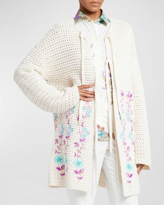 Vine-Embroidered Tie Open-Knit Cardigan