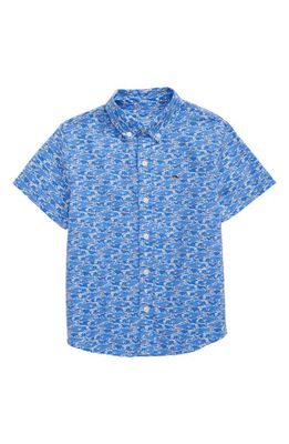 vineyard vines Kids' Whale Hammock Print Short Sleeve Cotton Blend Button-Up Shirt in Bass Ocean Sky