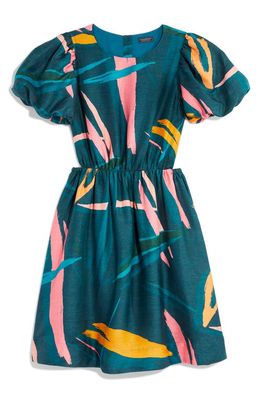 vineyard vines Print Puff Sleeve Cutout Linen Blend Dress in Tropical Absrt-Blue