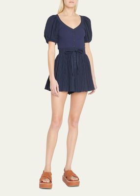 Vinny Pleated Puff-Sleeve Playsuit with Belt
