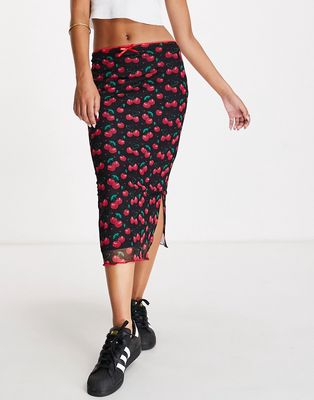 Vintage Supply cherry print mesh midi skirt in black
