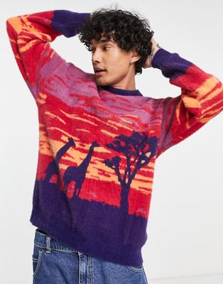 Vintage Supply giraffe sunset knit sweater in purple