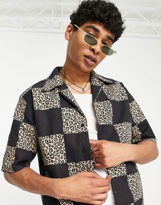 Vintage Supply leopard checkerboard revere shirt in black