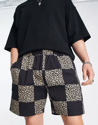 Vintage Supply leopard checkerboard shorts in black