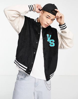 Vintage Supply varsity baseball jacket in black and cream with logo embroidery