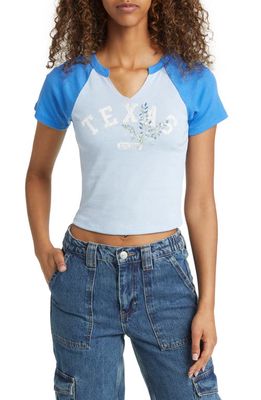 Vinyl Icons Texas Colorblock Embroidered Graphic Crop Tee in Clear Blue