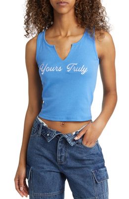 Vinyl Icons Yours Truly Embroidered Notch Neck Graphic Crop Tank in Blue