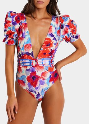 Violet Puff-Sleeve Belted One-Piece Swimsuit