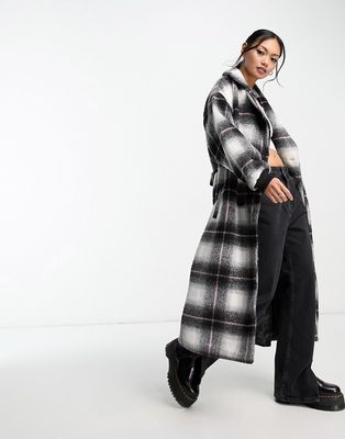 Violet Romance belted trench coat in black and white plaid
