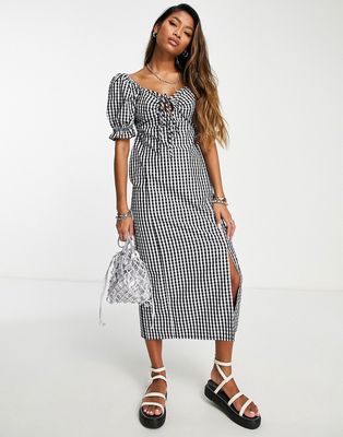 Violet Romance cotton midi dress with tie front in gingham-Black