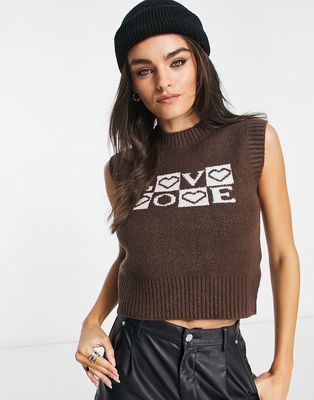 Violet Romance cropped knitted vest in chocolate brown love print