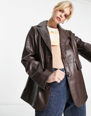 Violet Romance faux leather blazer in chocolate brown