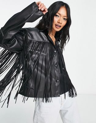 Violet Romance faux leather jacket with fringing in black