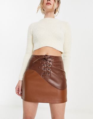 Violet Romance faux leather lace up front mini skirt in brown