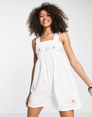 Violet Romance floral embroidered cotton oversized romper in white