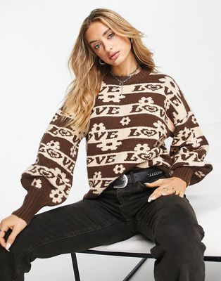 Violet Romance knit sweater with love print-Brown