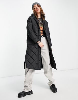 Violet Romance longline diamond quilt puffer coat with funnel neck in black