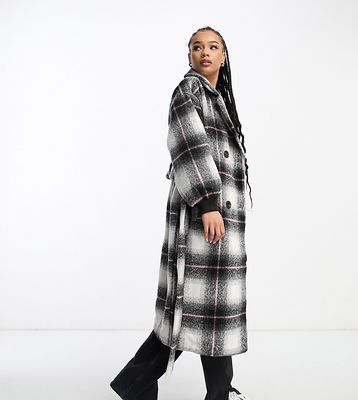 Violet Romance Petite belted coat in black and white plaid