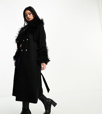 Violet Romance Plus belted longline coat with faux fur trims in black