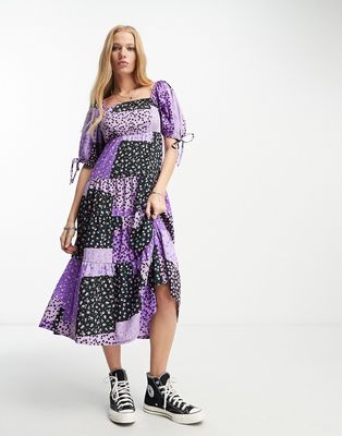 Violet Romance puff sleeve midi dress in purple patchwork print