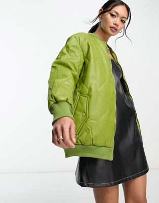 Violet Romance quilted faux leather bomber jacket in olive-Green