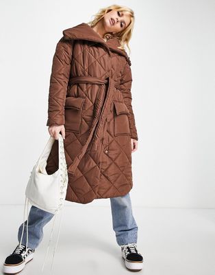 Violet Romance quilted shawl neck longline coat with belt in chocolate brown