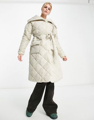 Violet Romance quilted shawl neck longline coat with belt in stone-Neutral