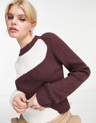 Violet Romance ribbed cropped sweater in abstract color block-Brown